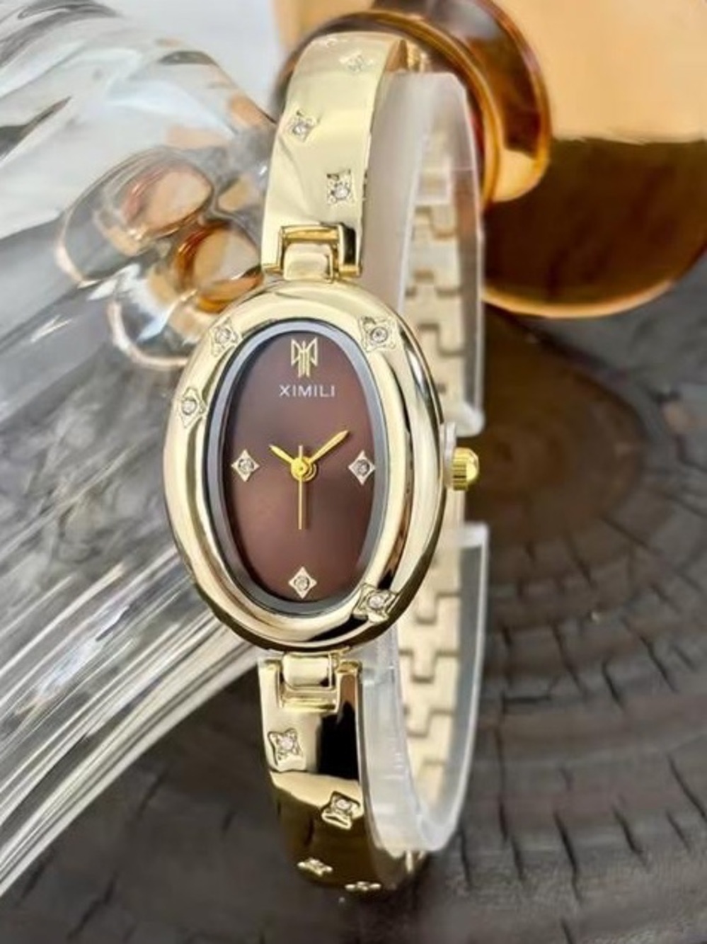 New Gold-Tone Bracelet Watch with Brown Oval Dial